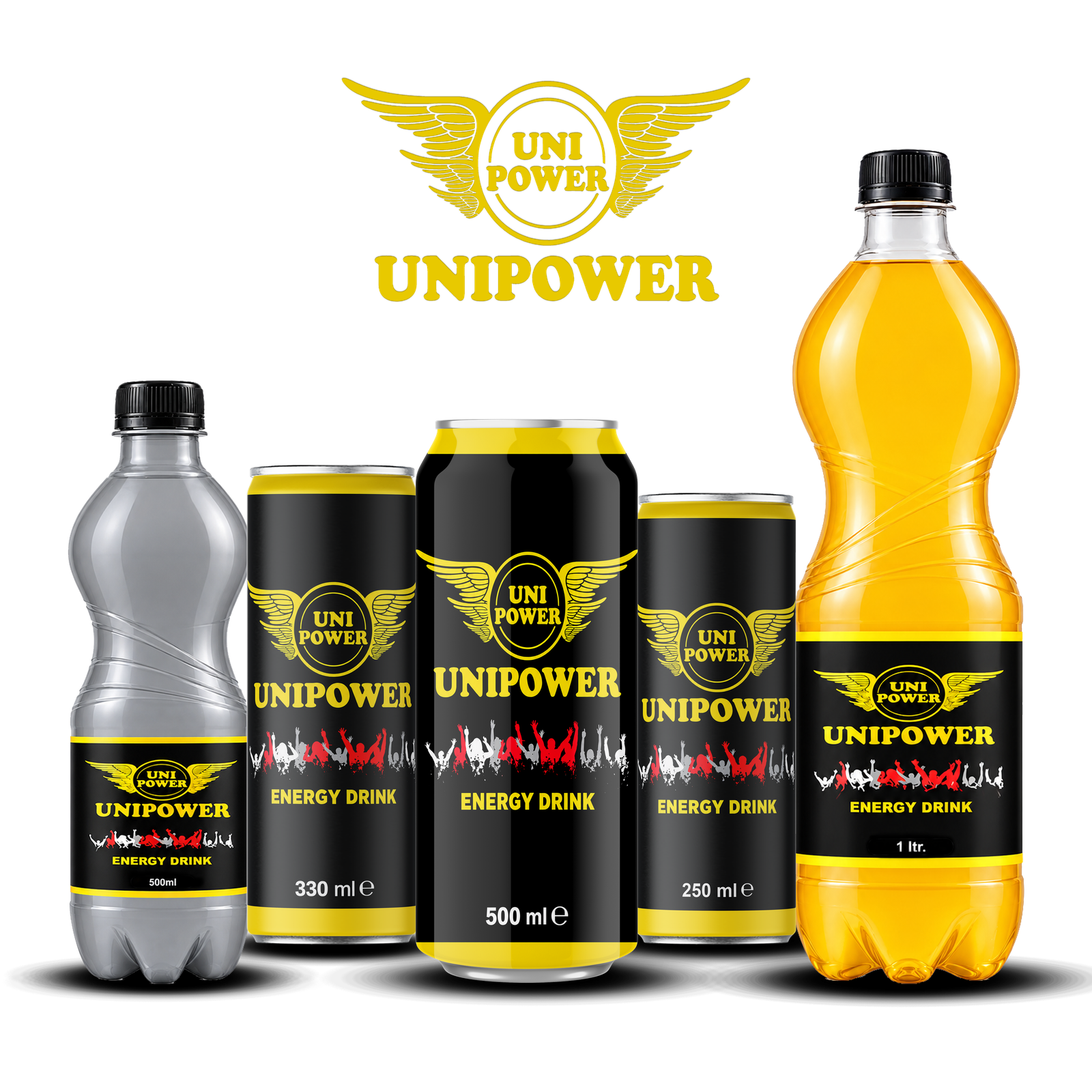 Uni power Energy Drink 500ml black and gold cans with winged logo and premium energy drink branding.